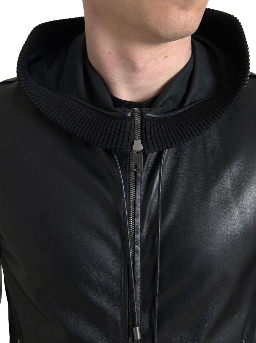 Dolce &amp; Gabbana Black Leather Full Zip Hooded Men Jacket