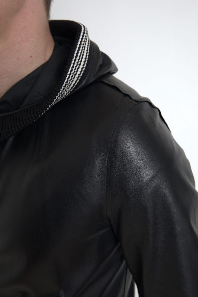 Dolce &amp; Gabbana Black Leather Full Zip Hooded Men Jacket