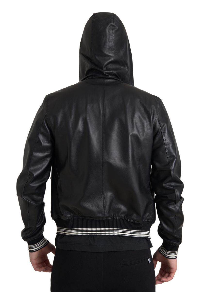 Dolce &amp; Gabbana Black Leather Full Zip Hooded Men Jacket