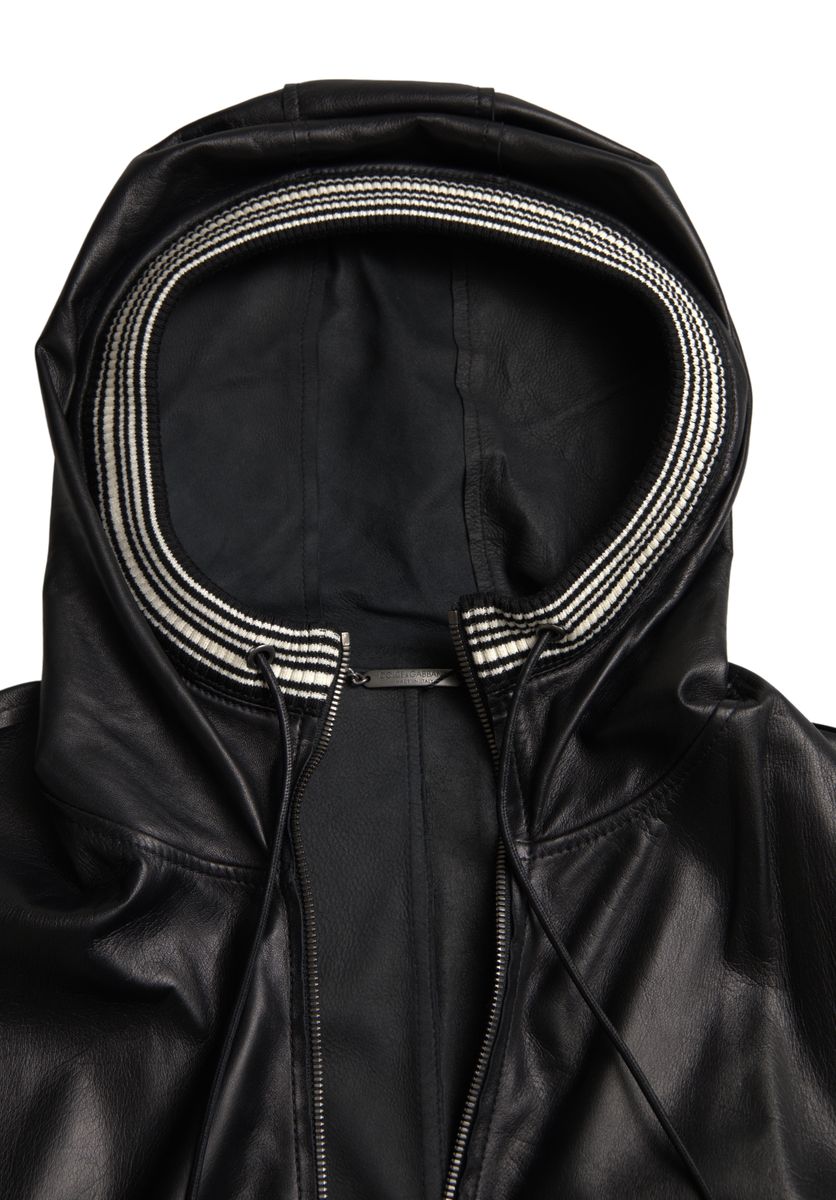 Dolce &amp; Gabbana Black Leather Full Zip Hooded Men Jacket