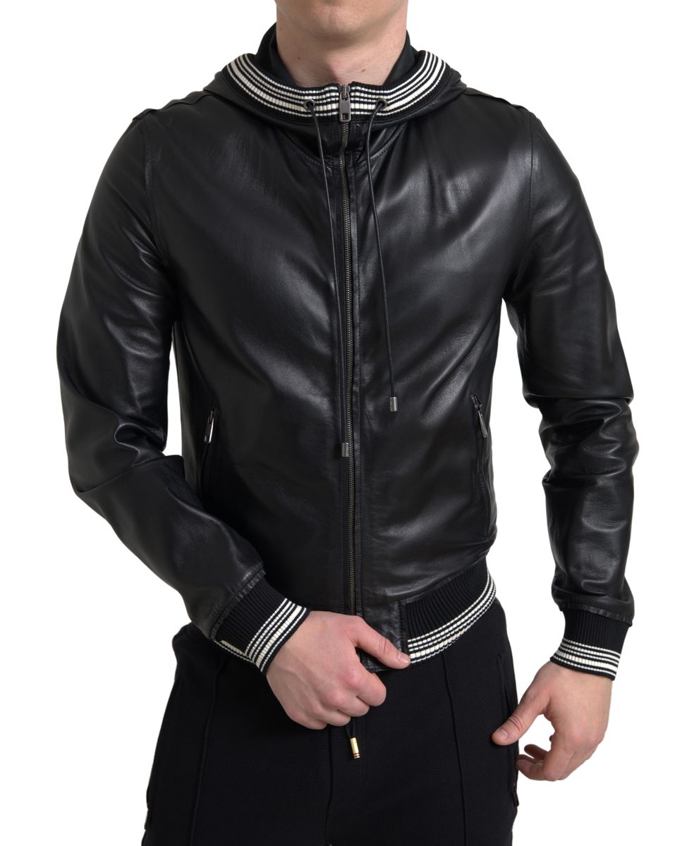 Dolce &amp; Gabbana Black Leather Full Zip Hooded Men Jacket