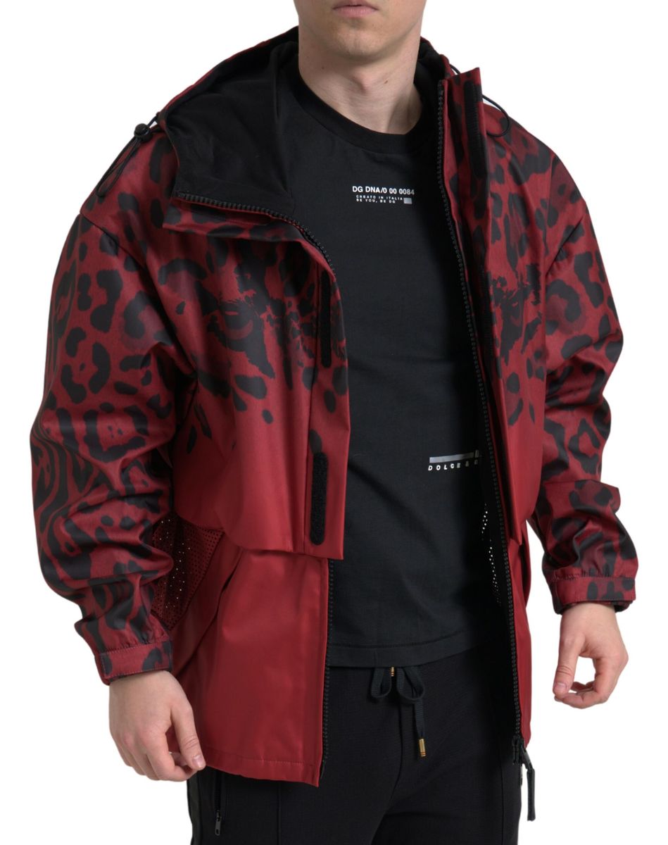 Dolce &amp; Gabbana Red Leopard Hooded Rain Coat Jacket