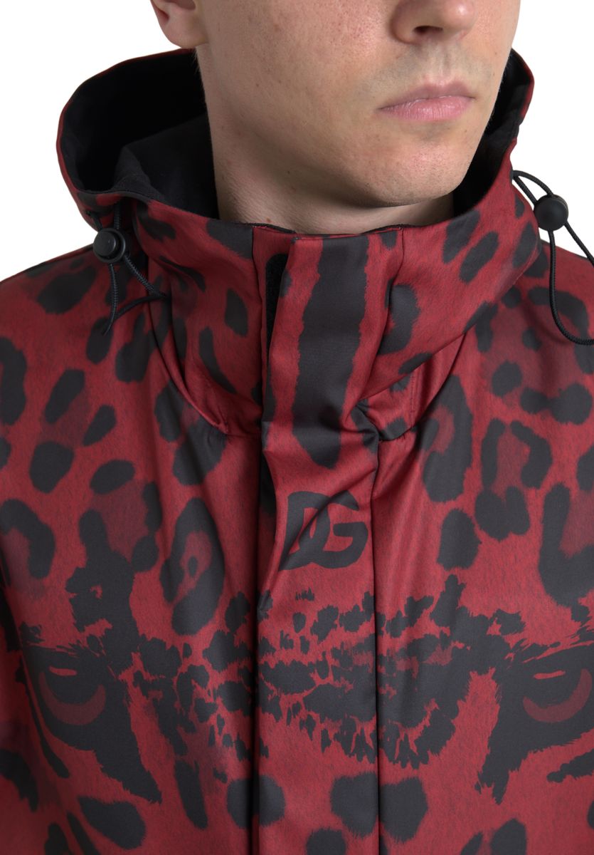 Dolce &amp; Gabbana Red Leopard Hooded Rain Coat Jacket