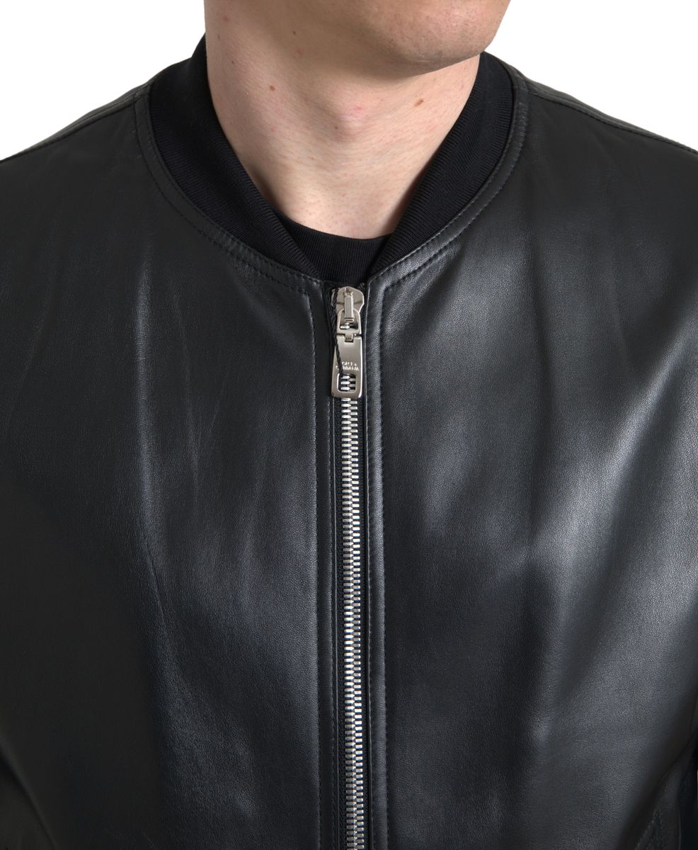 Dolce &amp; Gabbana Black Leather Full Zip Bomber Men Jacket