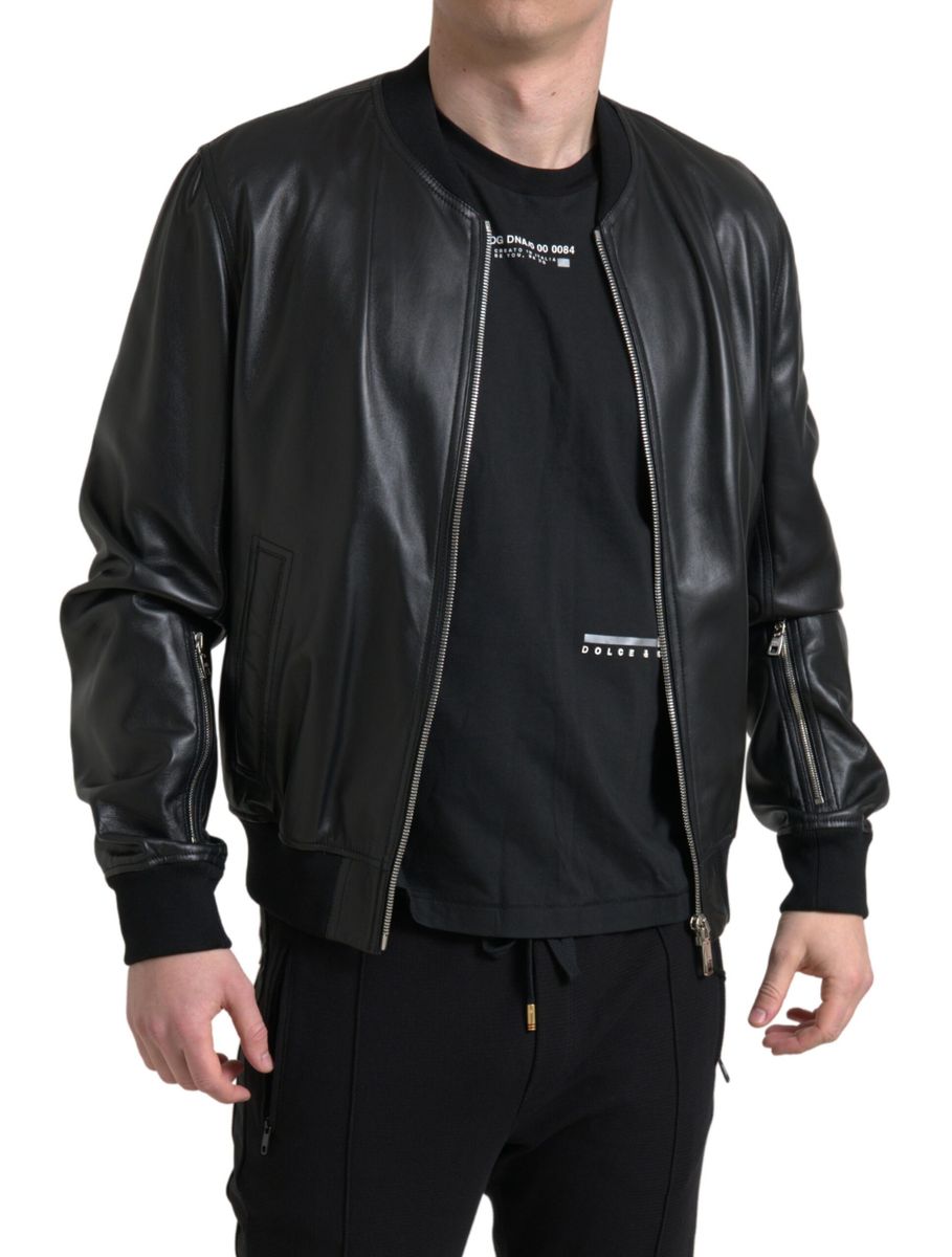 Dolce &amp; Gabbana Black Leather Full Zip Bomber Men Jacket