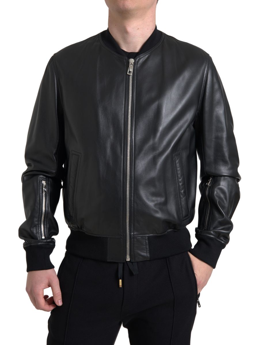 Dolce &amp; Gabbana Black Leather Full Zip Bomber Men Jacket