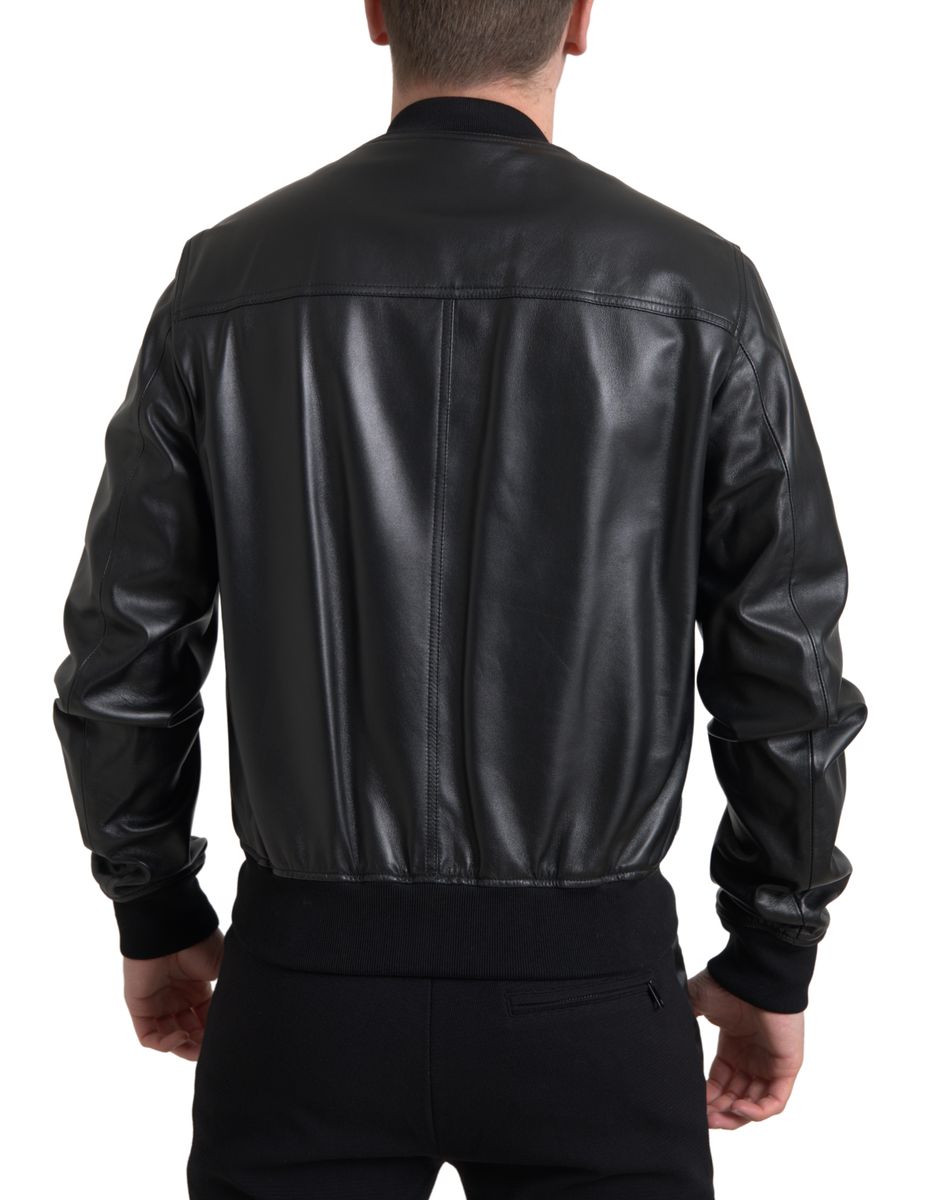 Dolce &amp; Gabbana Black Leather Full Zip Bomber Men Jacket