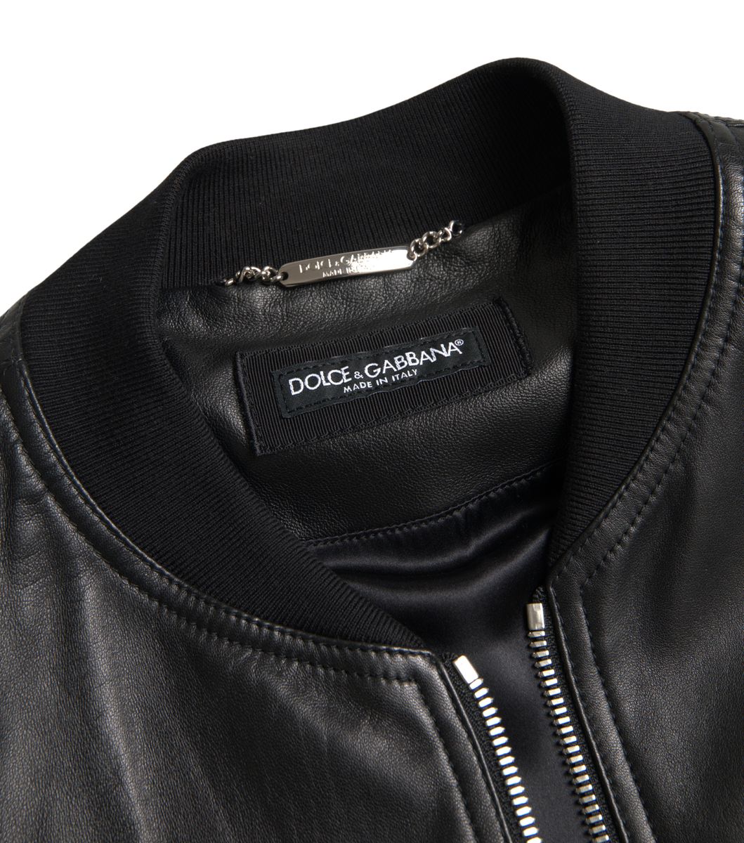 Dolce &amp; Gabbana Black Leather Full Zip Bomber Men Jacket