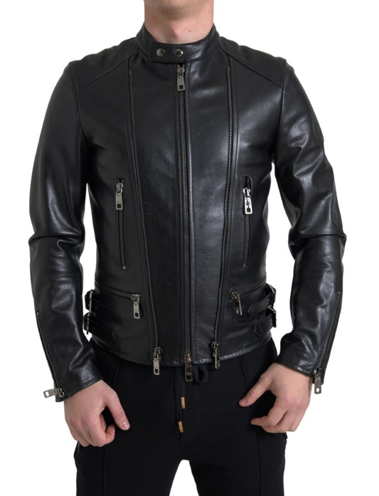 Dolce &amp; Gabbana Black Leather Zipper Coat Men Jacket