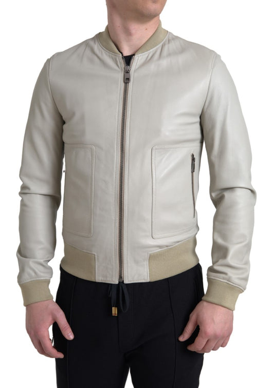 Dolce &amp; Gabbana Cream Leather Bomber Blouson Full Zip Jacket