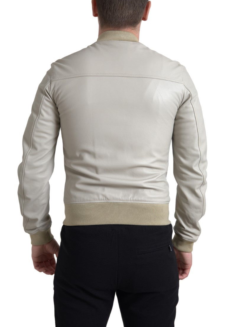 Dolce &amp; Gabbana Cream Leather Bomber Blouson Full Zip Jacket