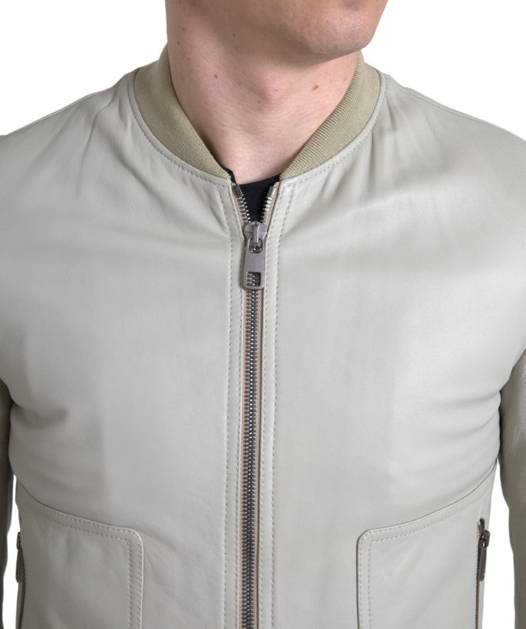 Dolce &amp; Gabbana Cream Leather Bomber Blouson Full Zip Jacket