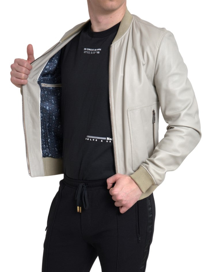 Dolce &amp; Gabbana Cream Leather Bomber Blouson Full Zip Jacket