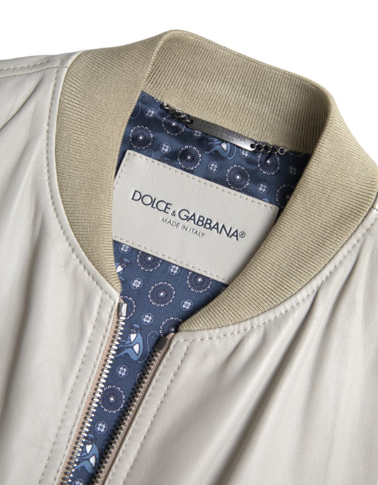 Dolce &amp; Gabbana Cream Leather Bomber Blouson Full Zip Jacket