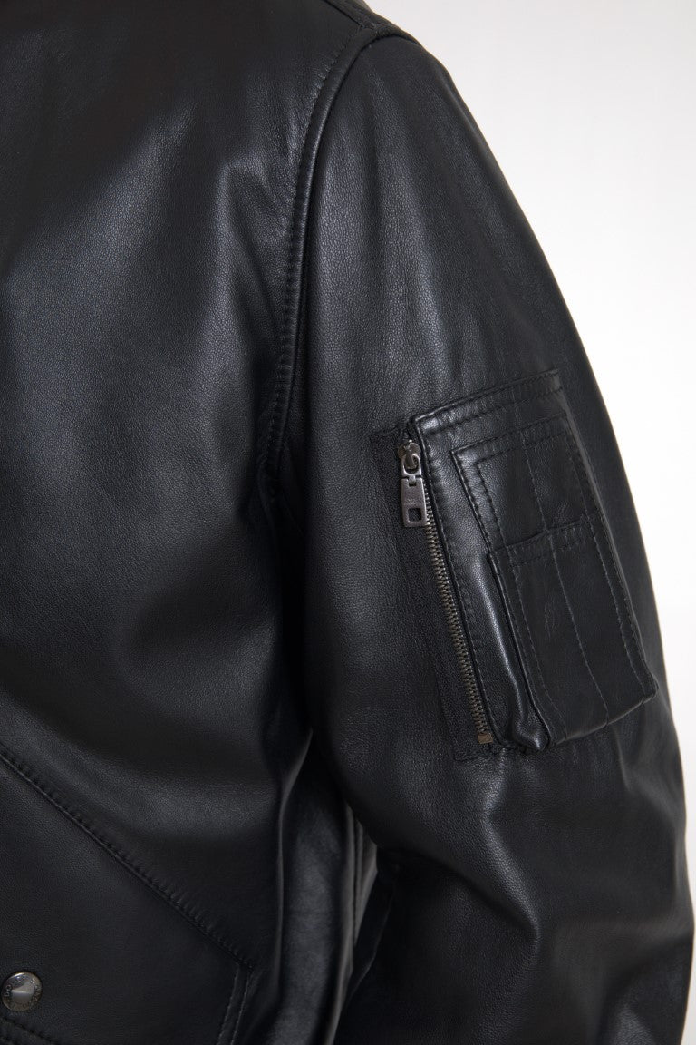 Dolce &amp; Gabbana Black Leather Blouson Full Zip Bomber Jacket