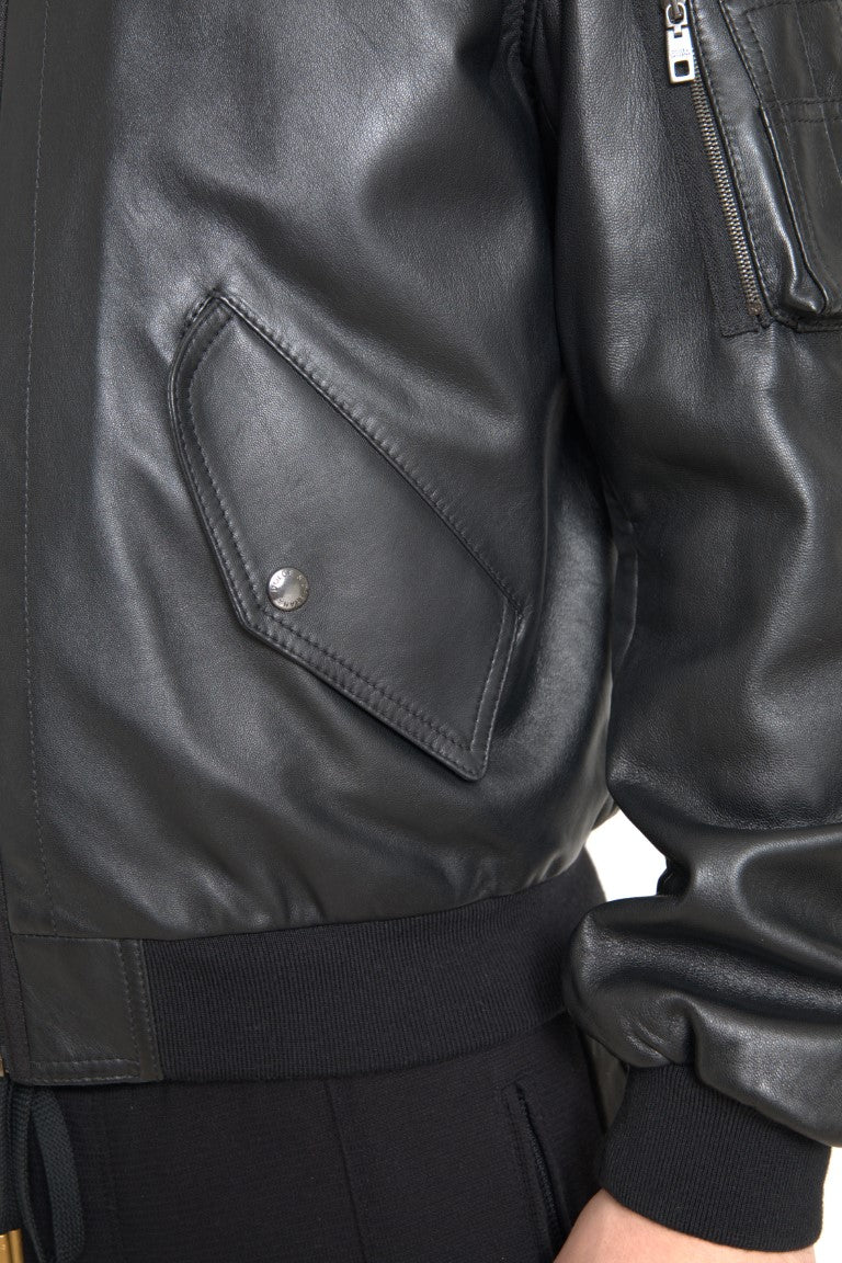 Dolce &amp; Gabbana Black Leather Blouson Full Zip Bomber Jacket