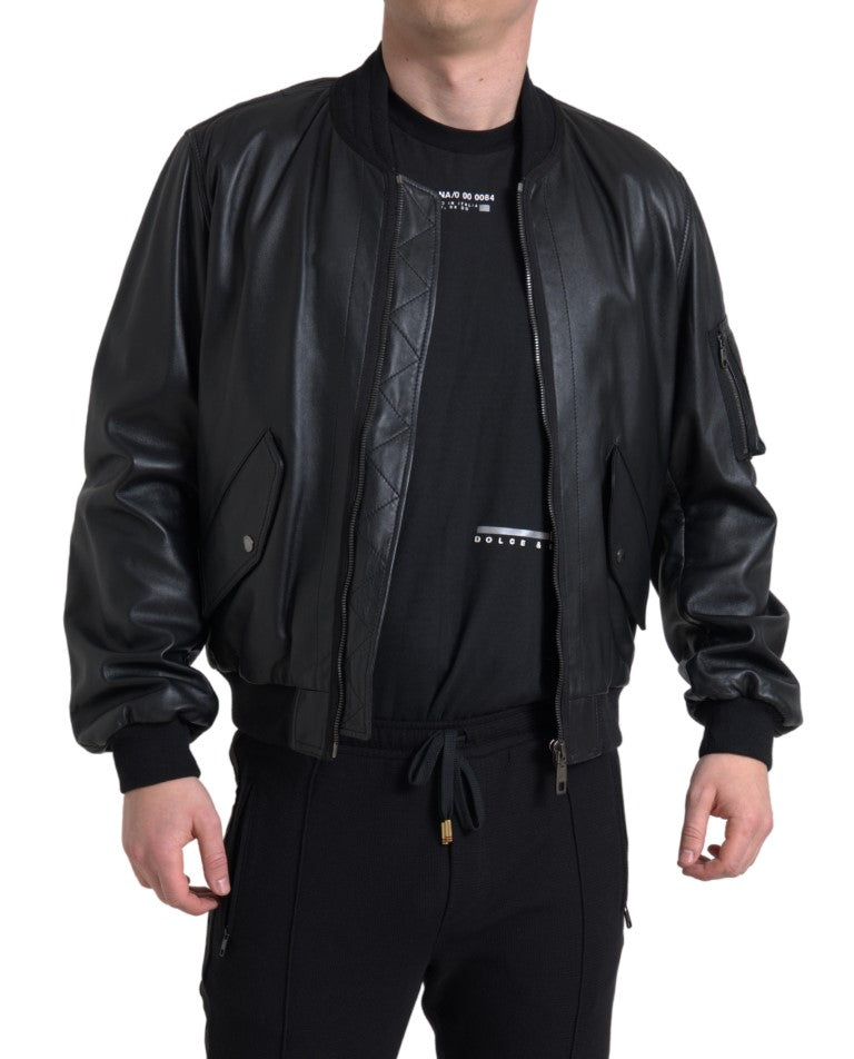 Dolce &amp; Gabbana Black Leather Blouson Full Zip Bomber Jacket