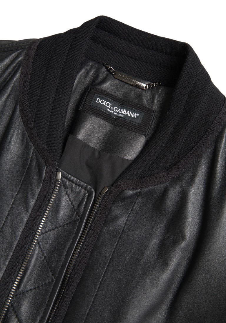 Dolce &amp; Gabbana Black Leather Blouson Full Zip Bomber Jacket