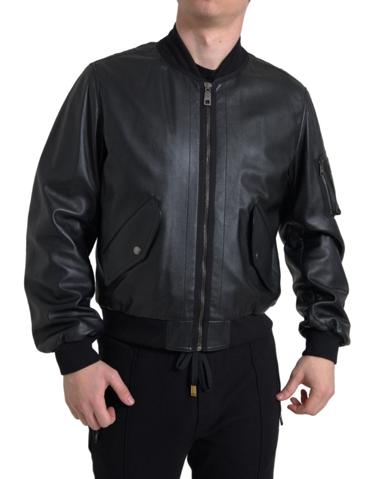 Dolce &amp; Gabbana Black Leather Blouson Full Zip Bomber Jacket