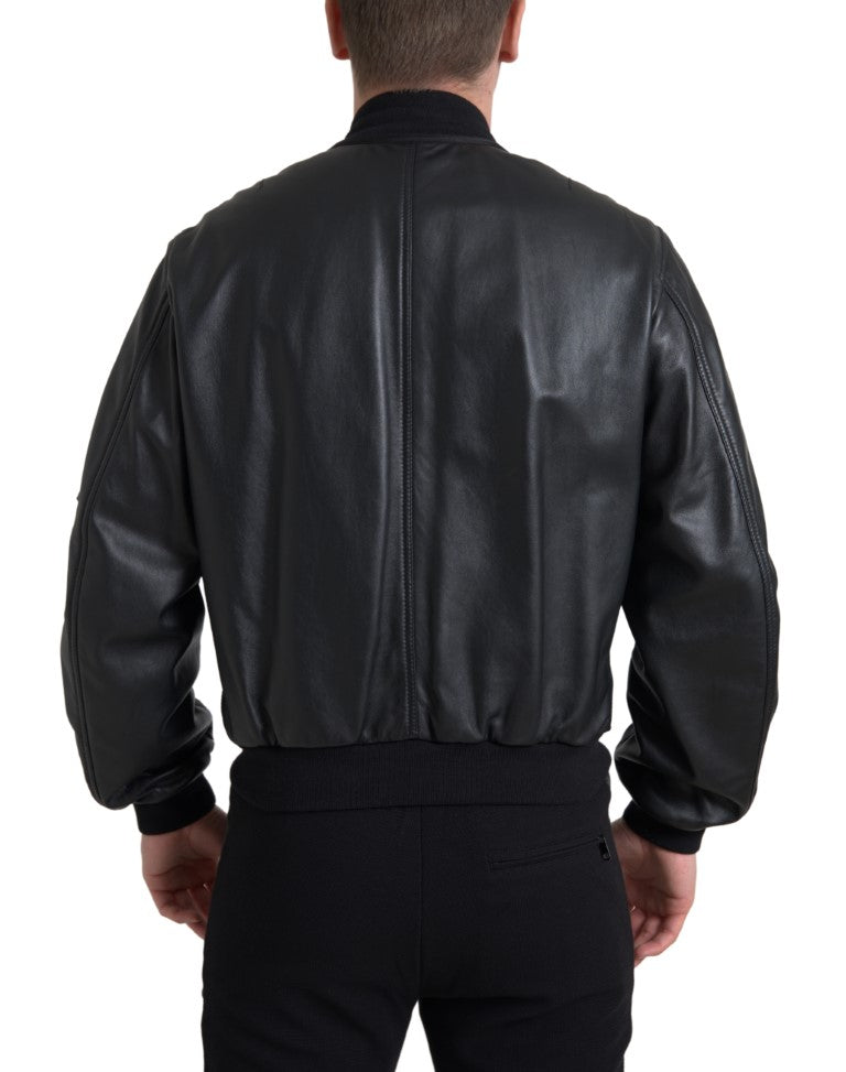 Dolce &amp; Gabbana Black Leather Blouson Full Zip Bomber Jacket