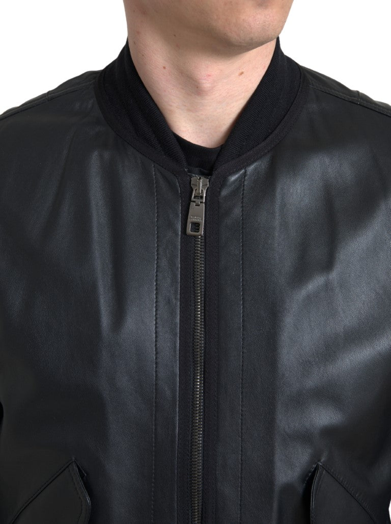 Dolce &amp; Gabbana Black Leather Blouson Full Zip Bomber Jacket