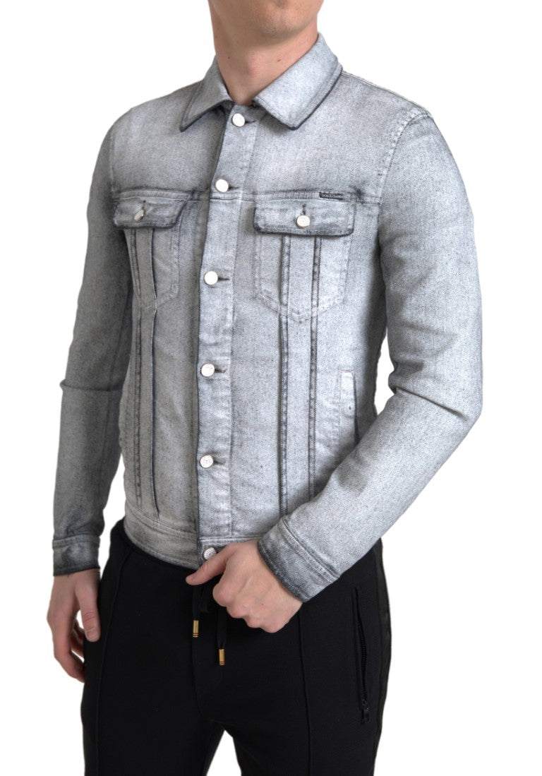 Dolce &amp; Gabbana Gray Washed Cotton Stretch Denim Men Jacket