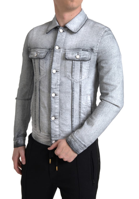 Dolce &amp; Gabbana Gray Washed Cotton Stretch Denim Men Jacket