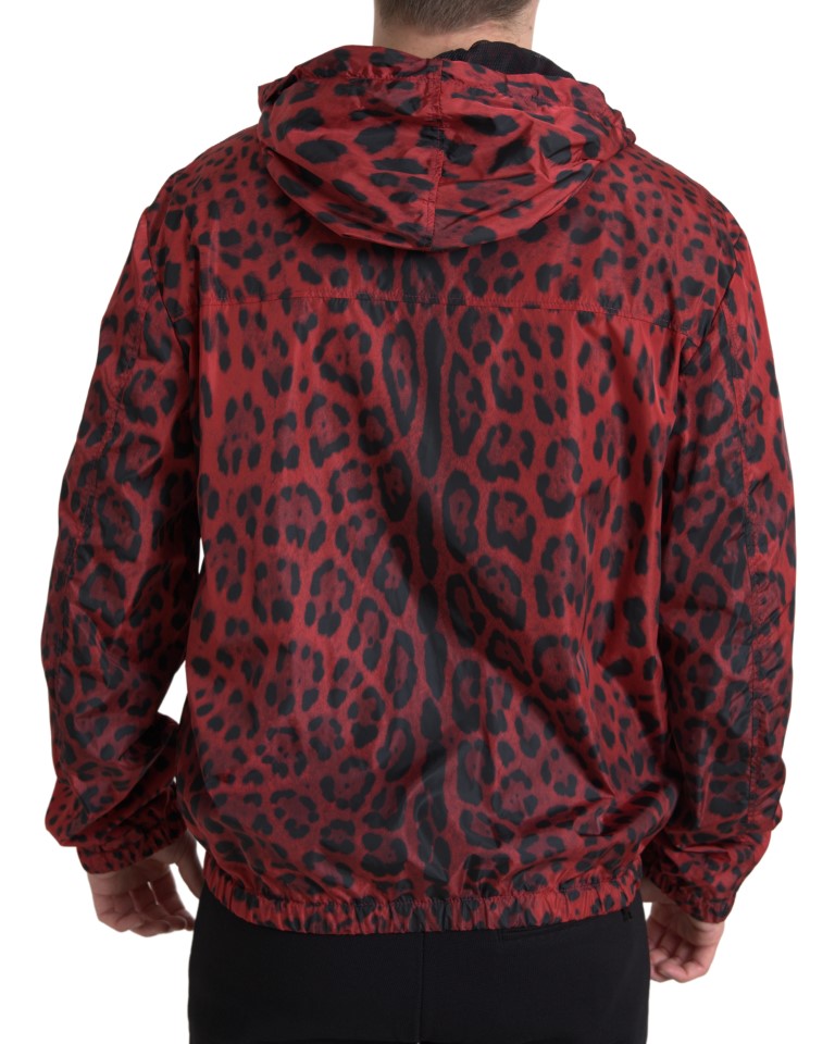 Dolce &amp; Gabbana Red Leopard Hooded Bomber Full Zip Jacket