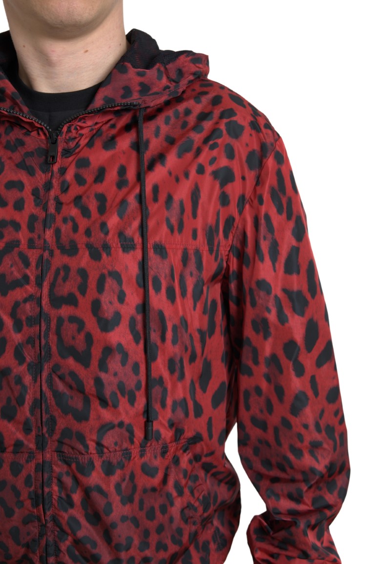 Dolce &amp; Gabbana Red Leopard Hooded Bomber Full Zip Jacket