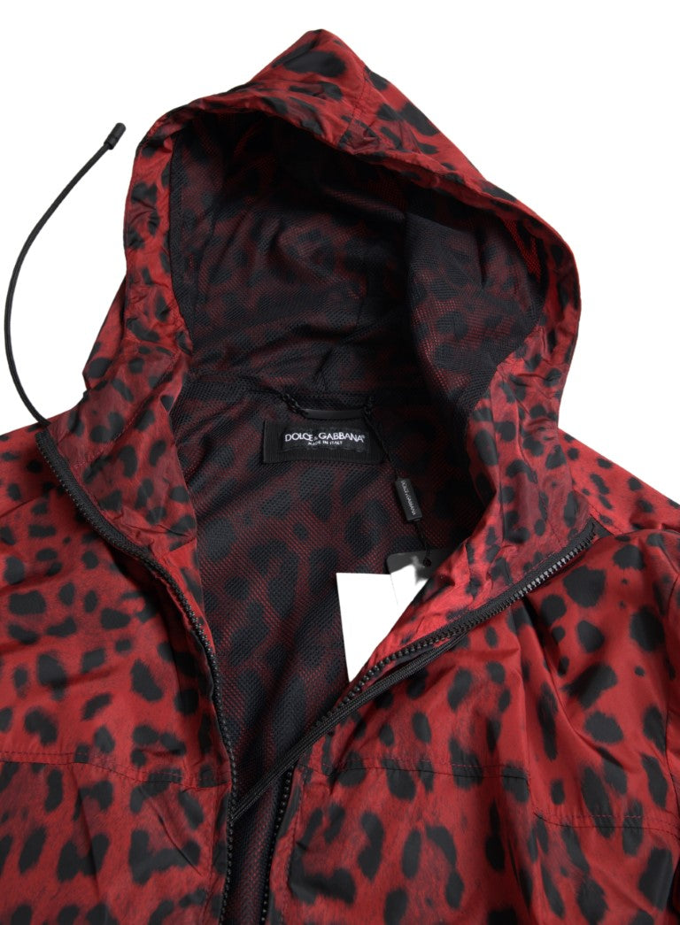 Dolce &amp; Gabbana Red Leopard Hooded Bomber Full Zip Jacket