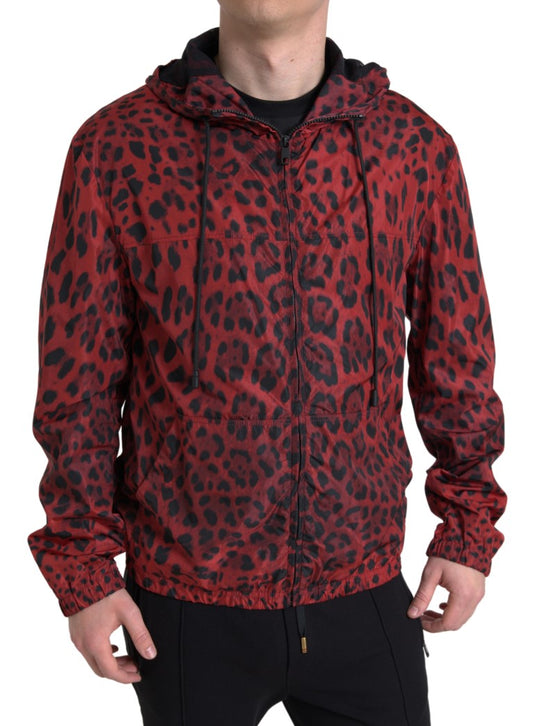 Dolce &amp; Gabbana Red Leopard Hooded Bomber Full Zip Jacket