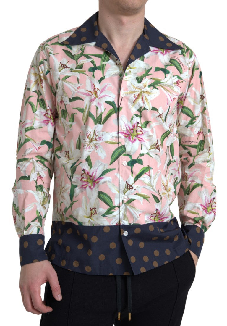 Dolce &amp; Gabbana Cotton Polka Dot Lily Print Collared Shirt