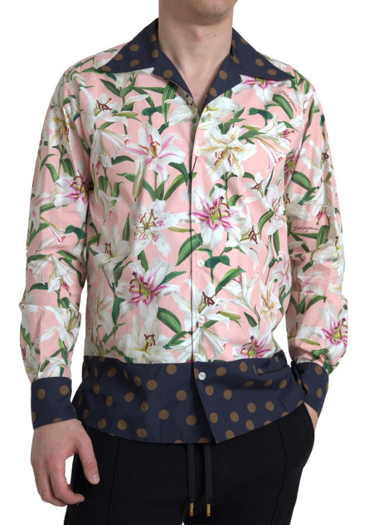 Dolce &amp; Gabbana Cotton Polka Dot Lily Print Collared Shirt