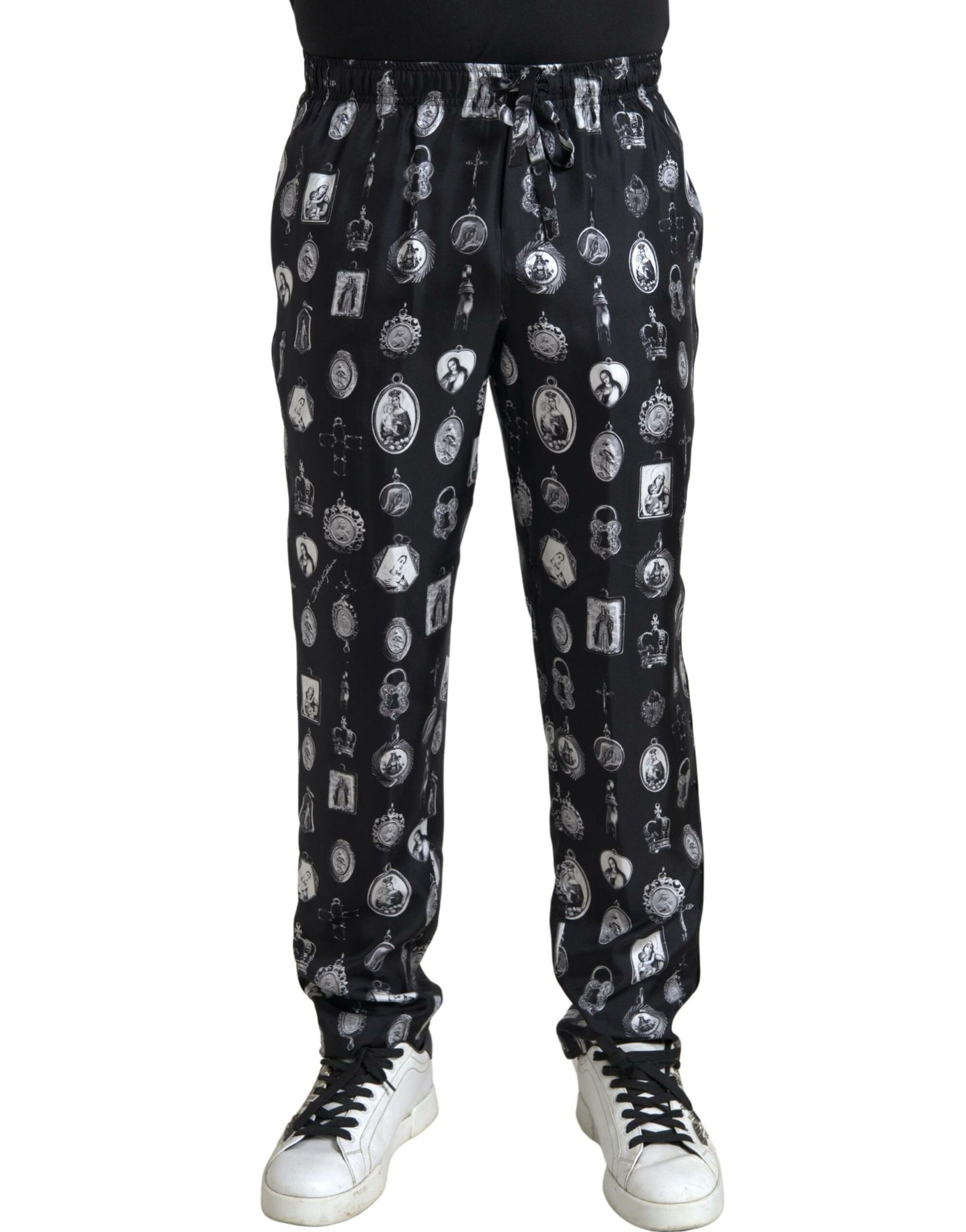 Dolce &amp; Gabbana Black Religious Print Joggers Silk Men Pants