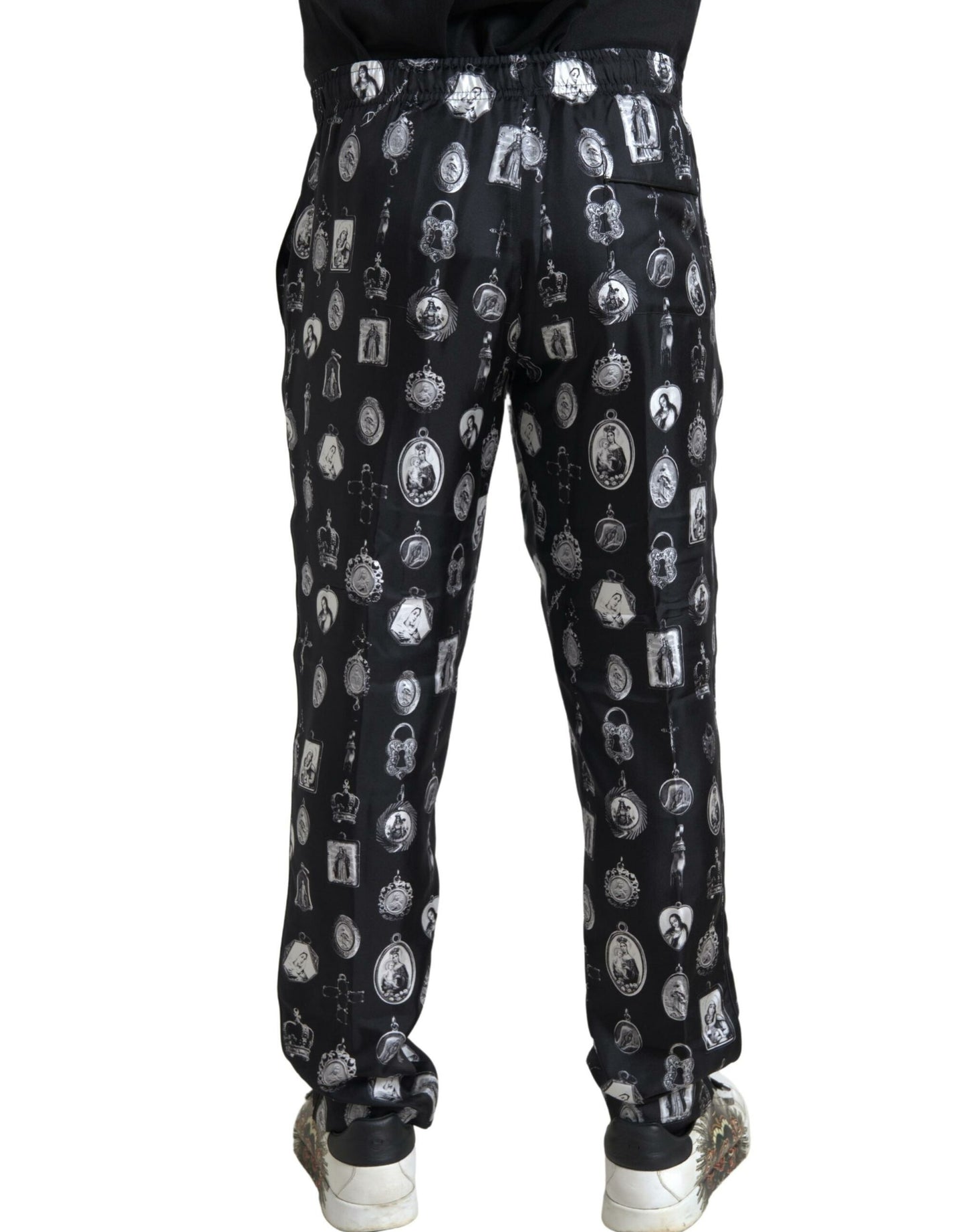 Dolce &amp; Gabbana Black Religious Print Joggers Silk Men Pants