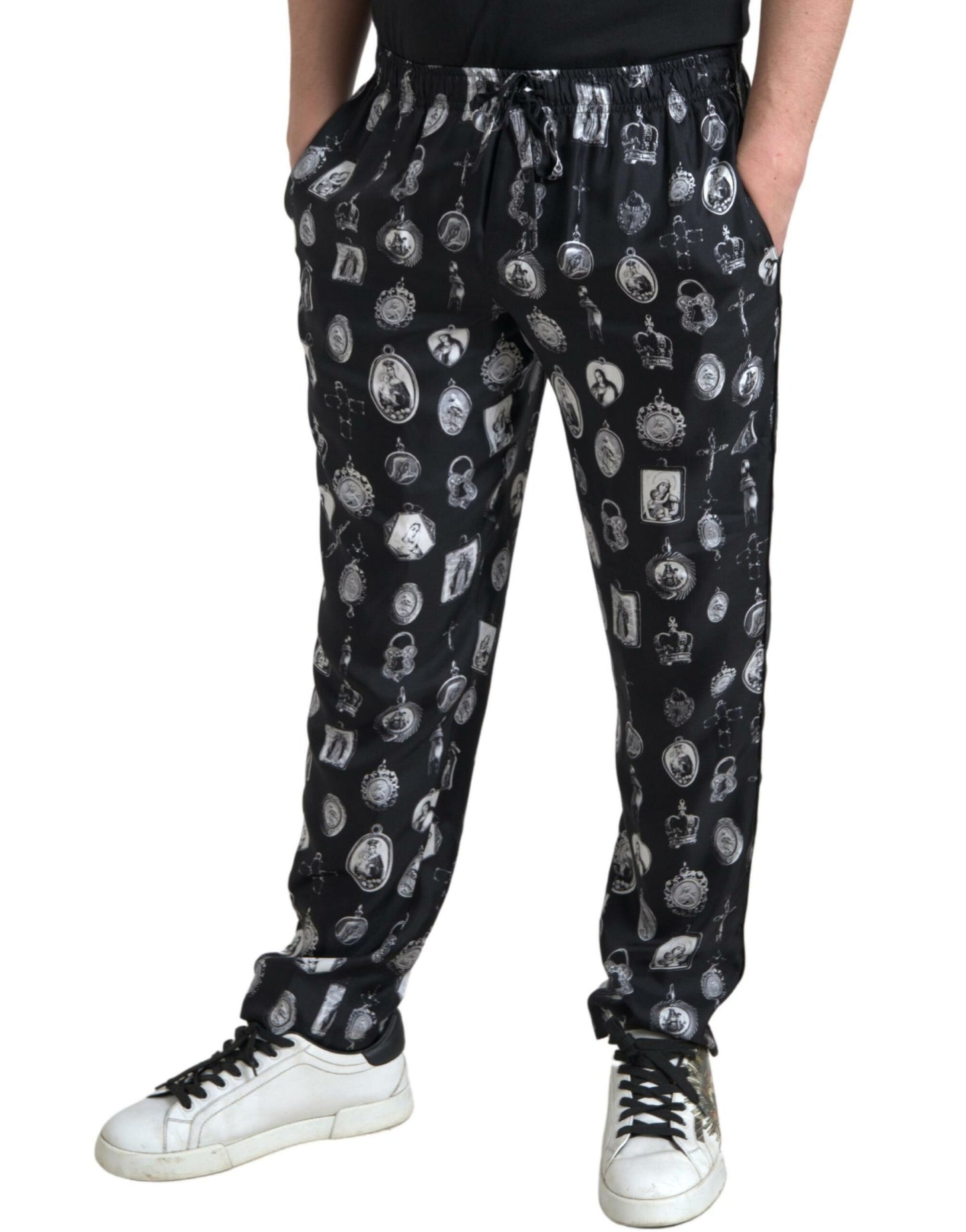 Dolce &amp; Gabbana Black Religious Print Joggers Silk Men Pants