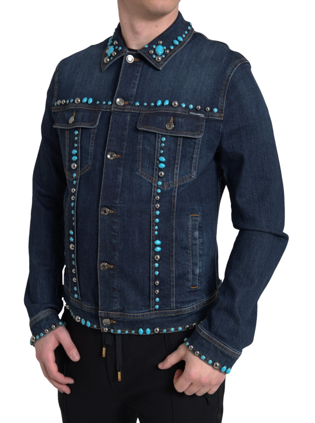 Dolce &amp; Gabbana Blue Denim Turquoise Stones Studded Jacket