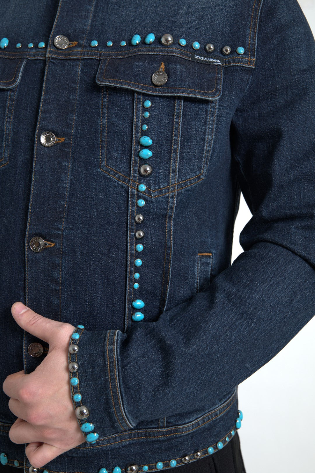 Dolce &amp; Gabbana Blue Denim Turquoise Stones Studded Jacket