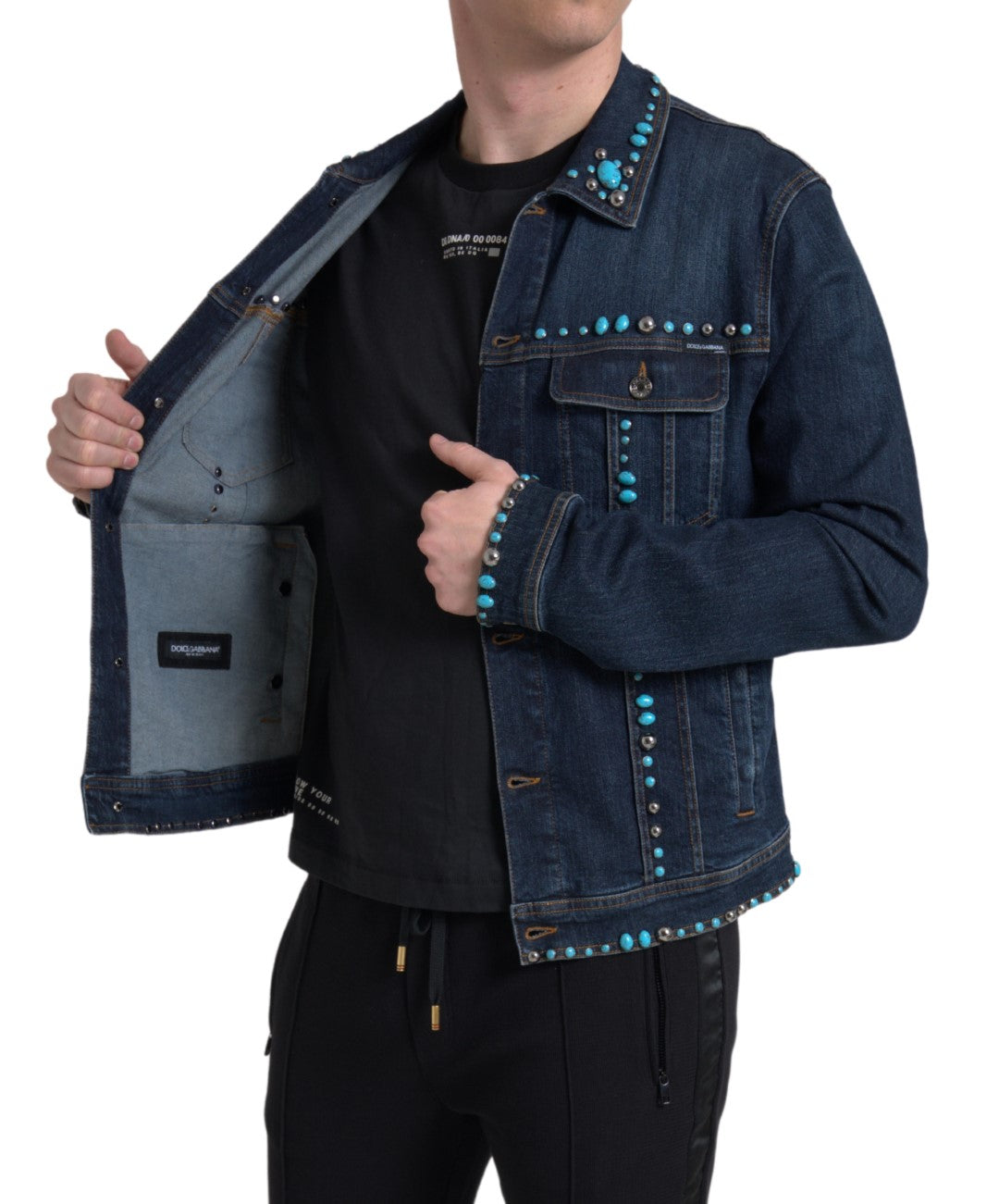 Dolce &amp; Gabbana Blue Denim Turquoise Stones Studded Jacket