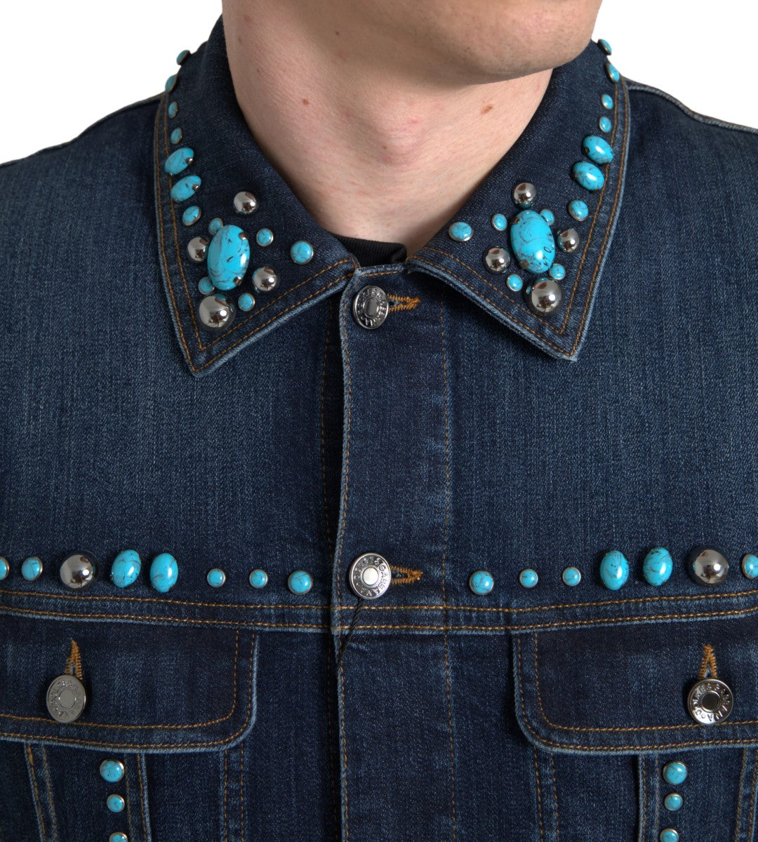 Dolce &amp; Gabbana Blue Denim Turquoise Stones Studded Jacket