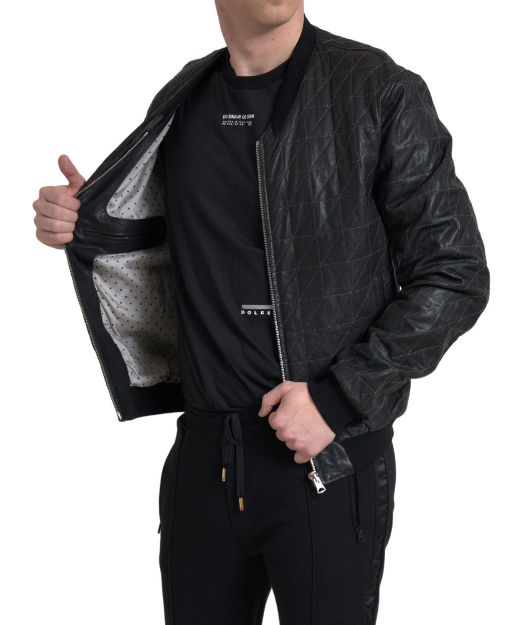 Dolce &amp; Gabbana Black Leather Full Zip Bomber Coat Jacket