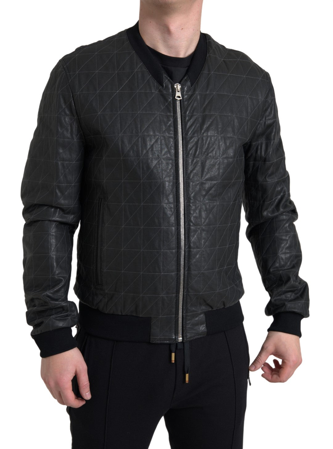 Dolce &amp; Gabbana Black Leather Full Zip Bomber Coat Jacket