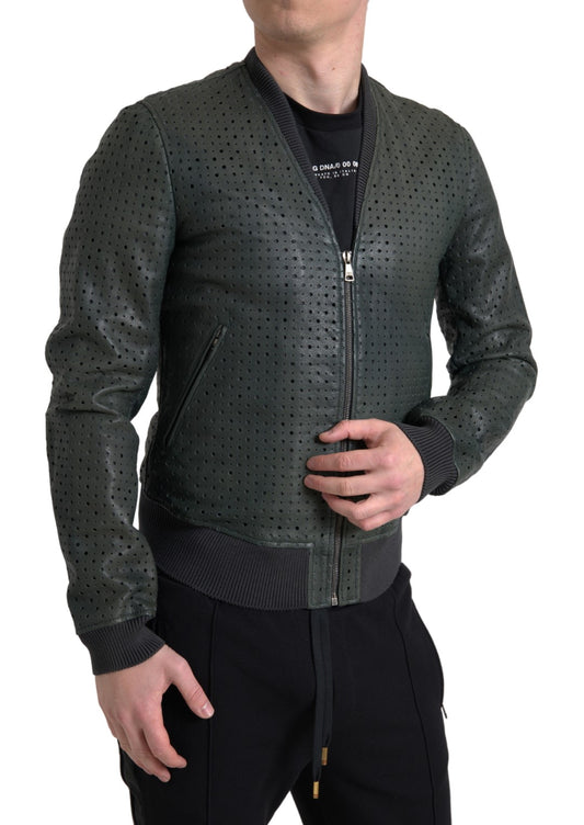 Dolce &amp; Gabbana Green Perforated Leather Bomber Jacket