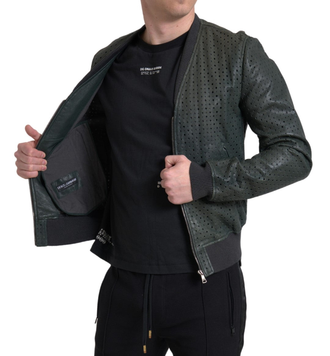 Dolce &amp; Gabbana Green Perforated Leather Bomber Jacket