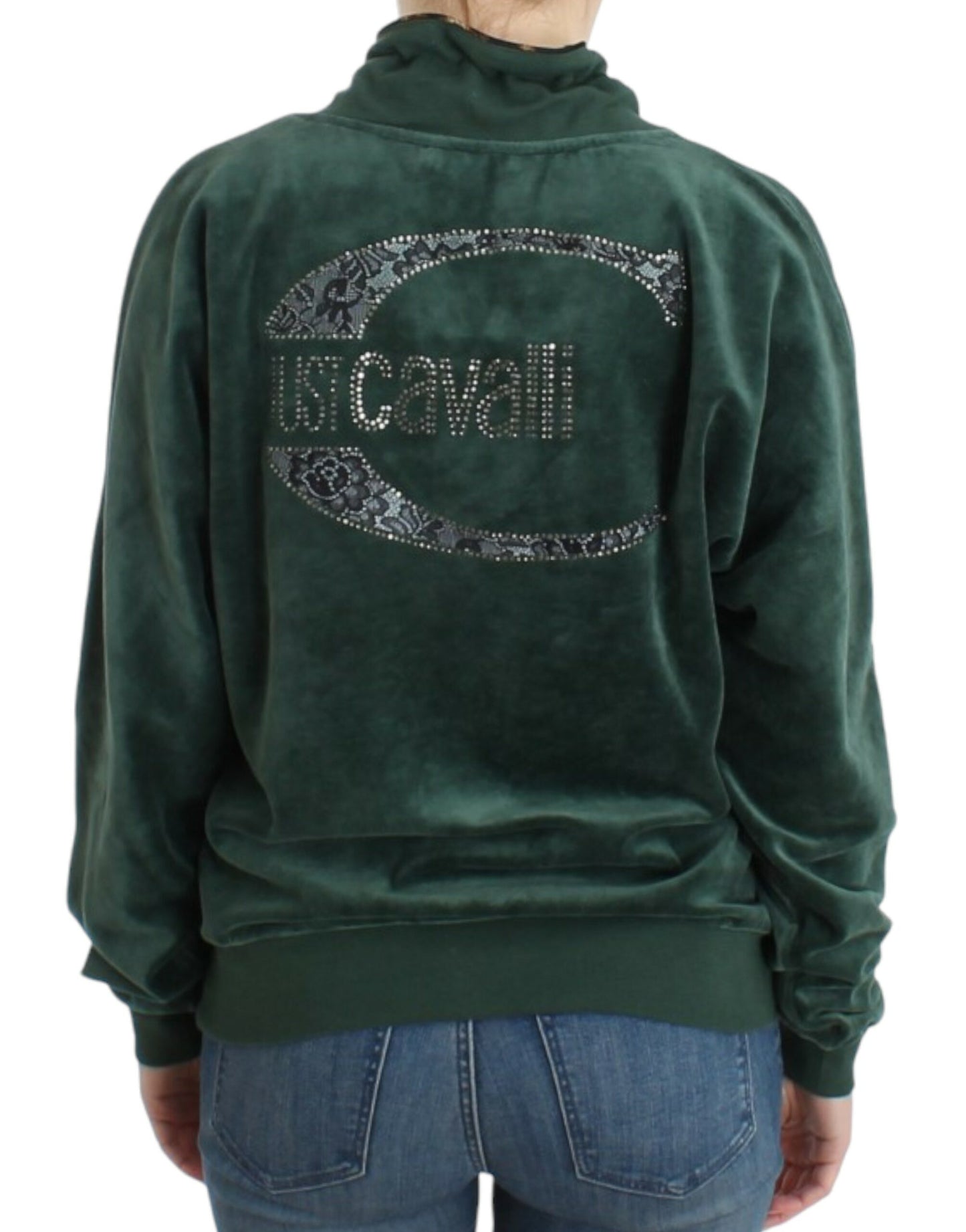 Cavalli Elegant Green Mock Sweater with Rhinestone Detail