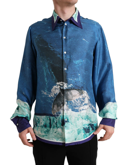 Dolce &amp; Gabbana Blue Ocean Print Silk Collared Button Down Shirt