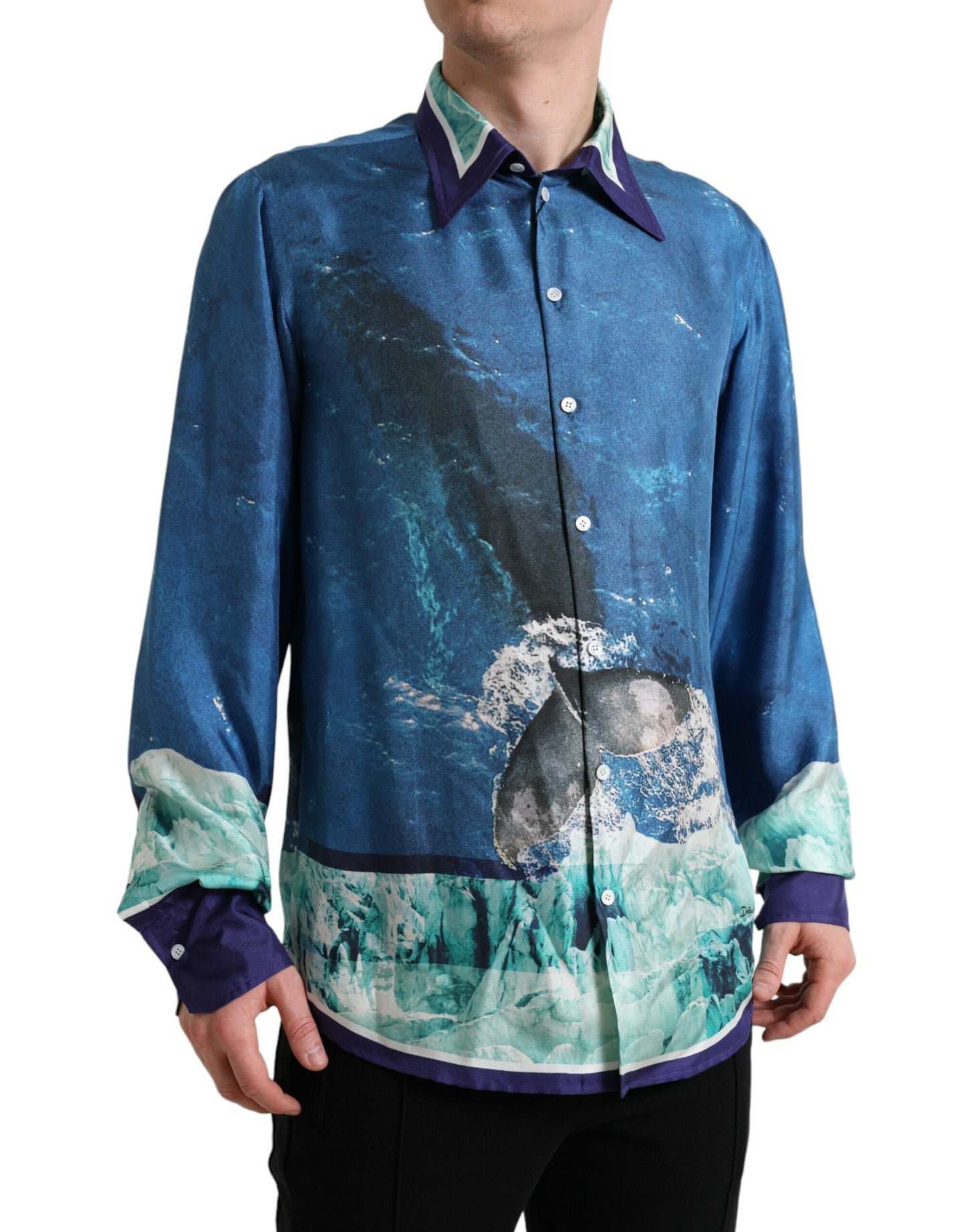 Dolce &amp; Gabbana Blue Ocean Print Silk Collared Button Down Shirt