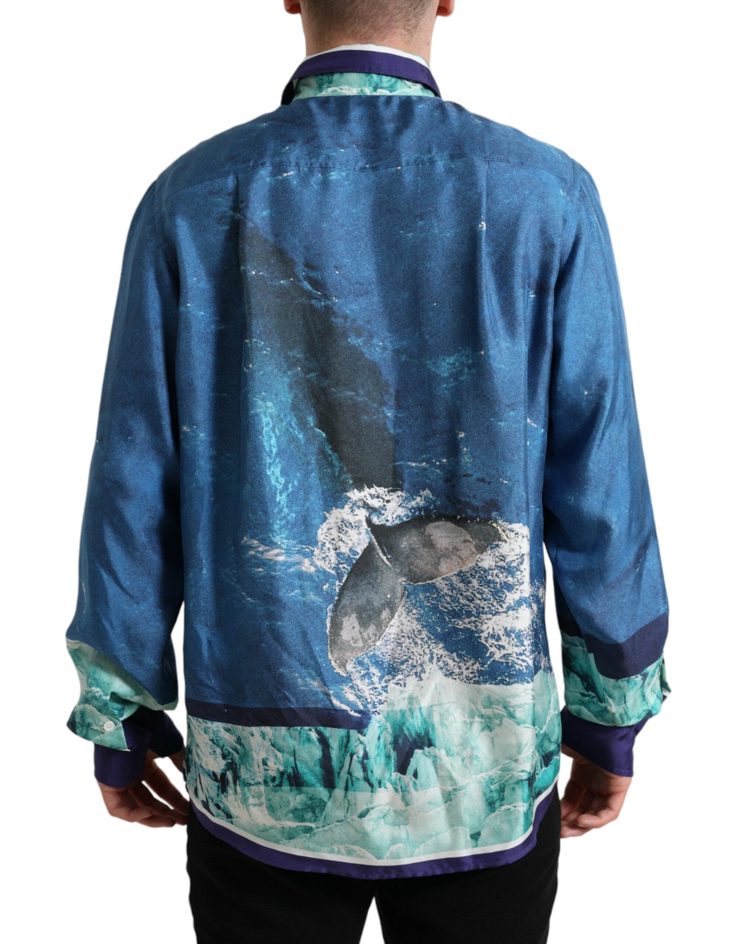 Dolce &amp; Gabbana Blue Ocean Print Silk Collared Button Down Shirt