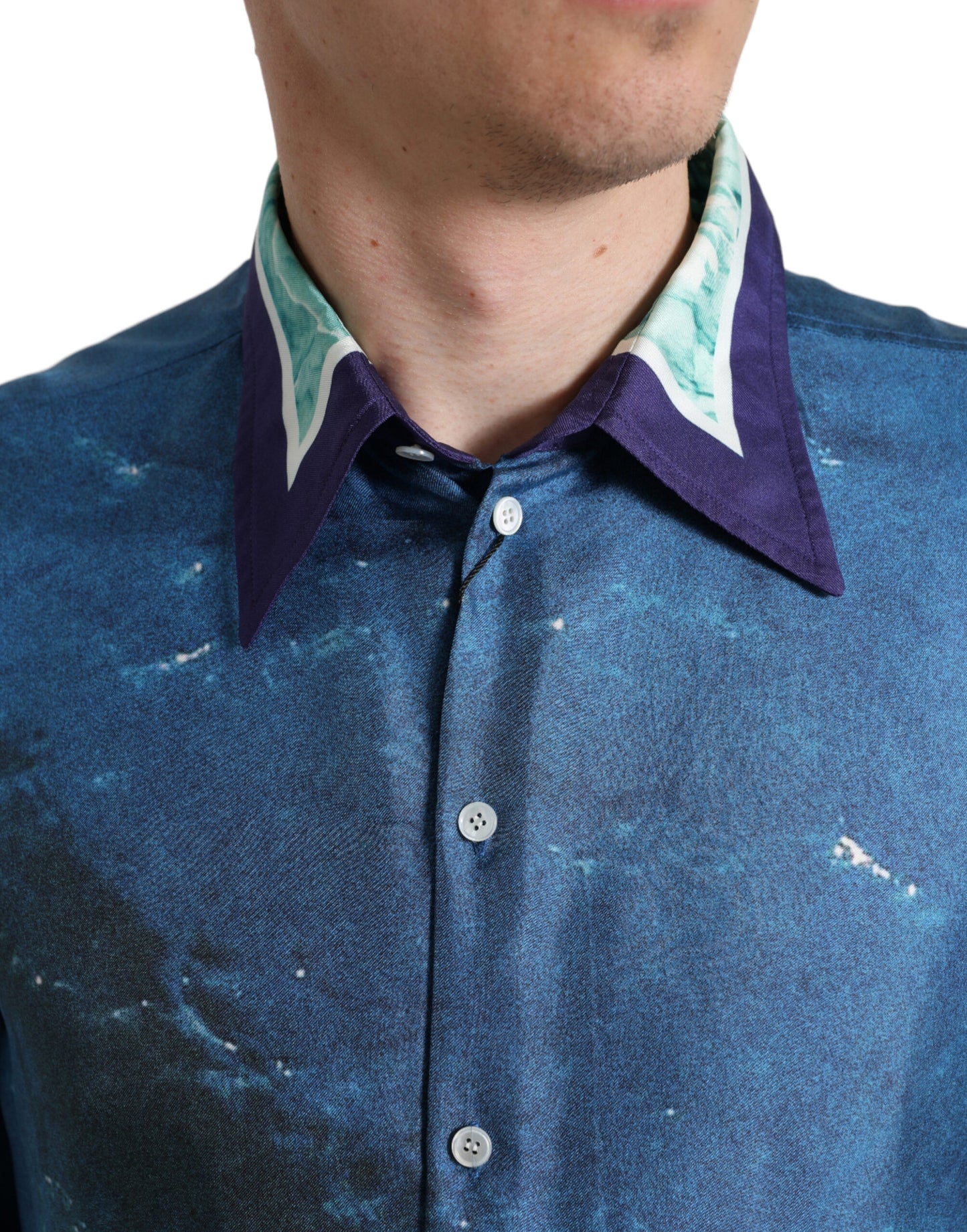 Dolce &amp; Gabbana Blue Ocean Print Silk Collared Button Down Shirt