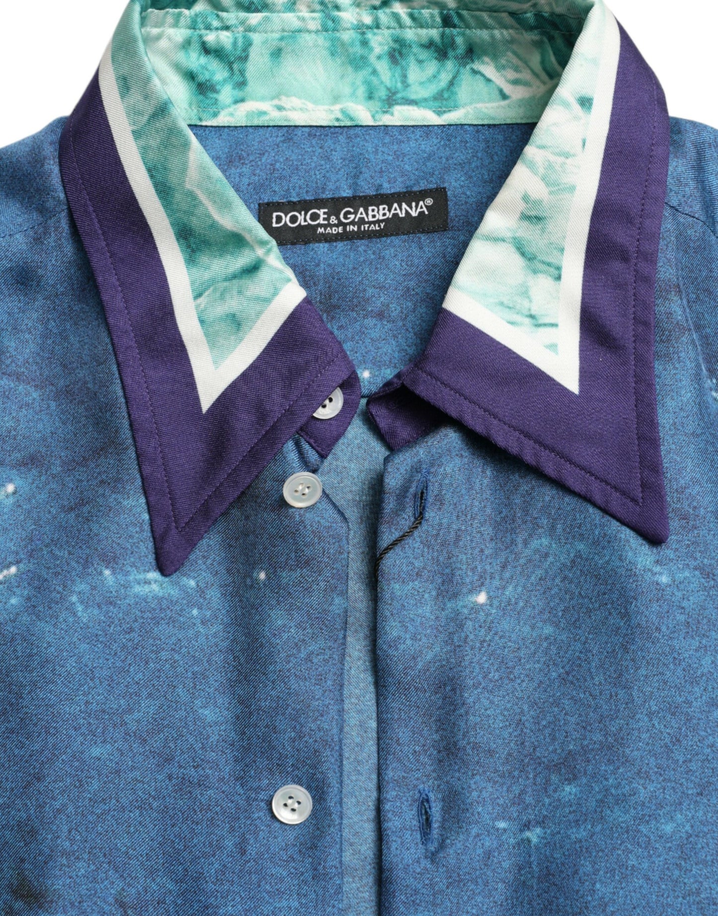 Dolce &amp; Gabbana Blue Ocean Print Silk Collared Button Down Shirt